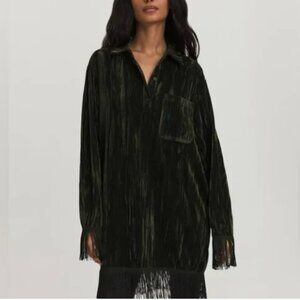 Something Navy Phoebe Long Sleeve Shirt Fringe Dress - Crushed Emerald Velvet
